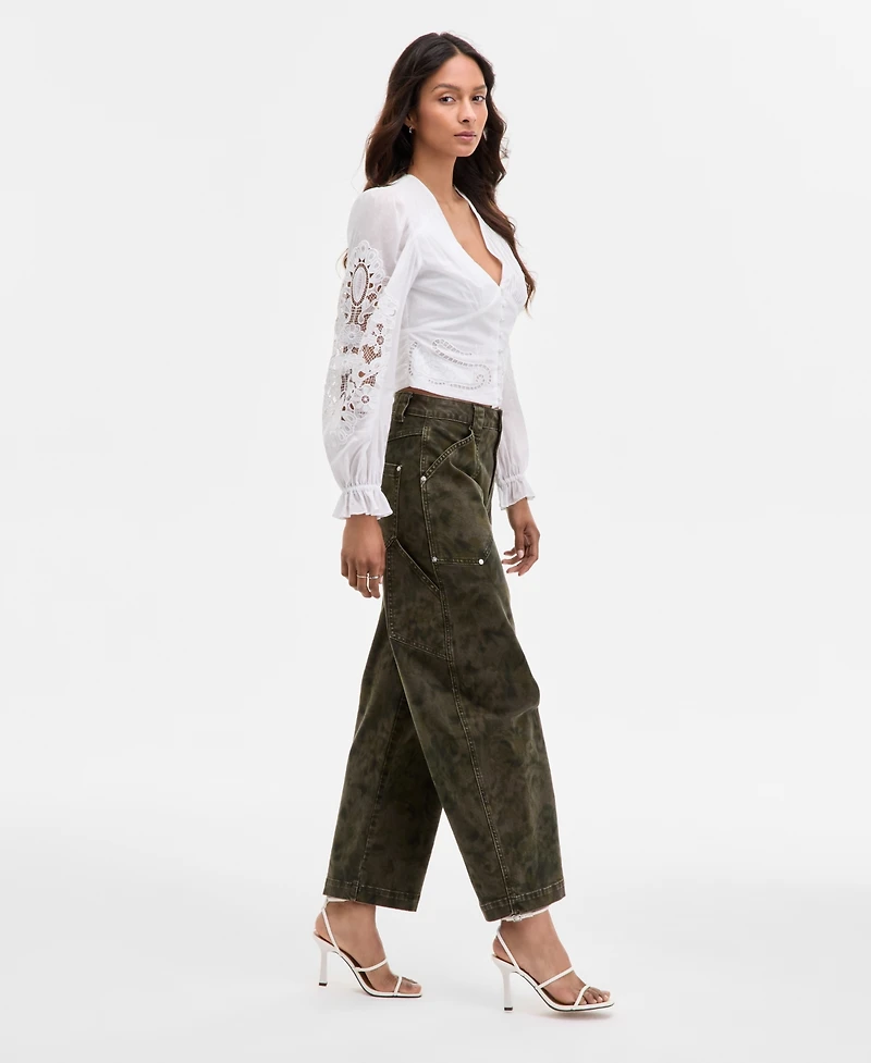 Avec Les Filles Women's Floral Print High Rise Barrel-Leg Pants
