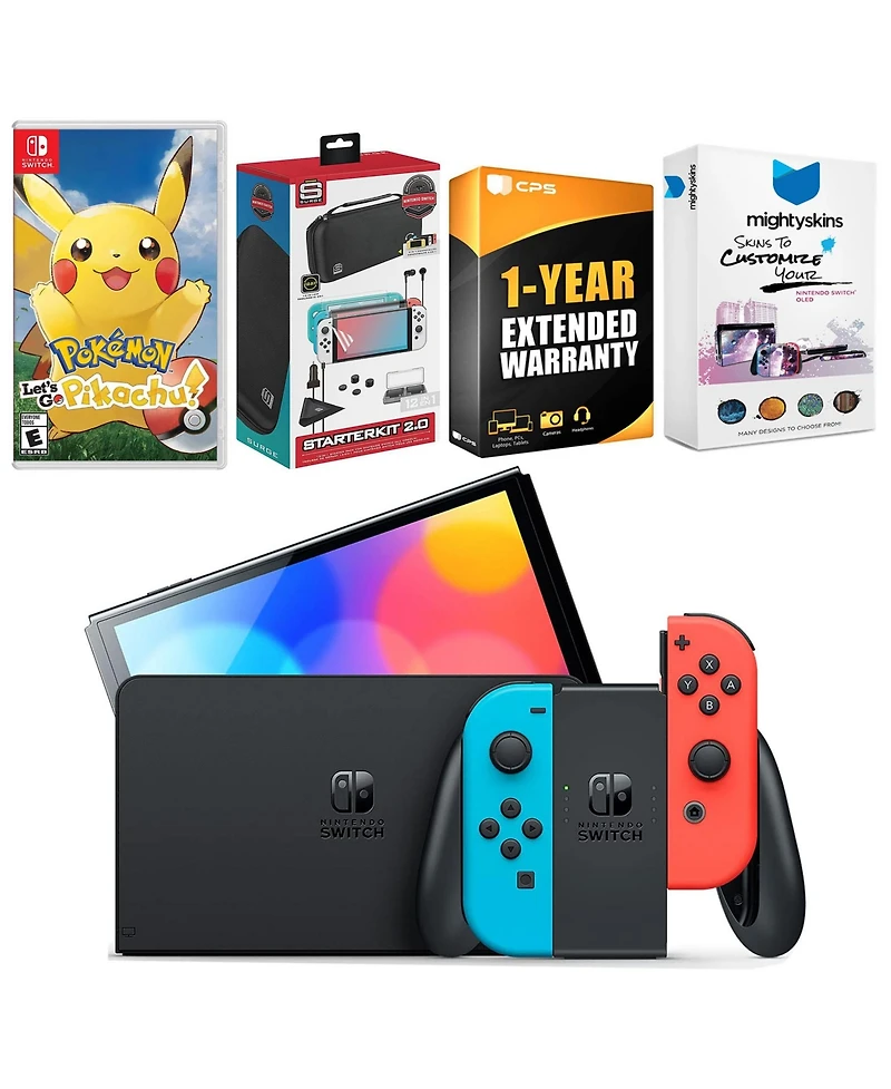 Nintendo Switch Neon Red & Blue Oled Console with Pokemon Let's Go, Pikachu! Edition, Surge Accessory Gaming Kit