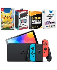 Nintendo Switch Neon Red & Blue Oled Console with Pokemon Let's Go, Pikachu! Edition, Surge Accessory Gaming Kit