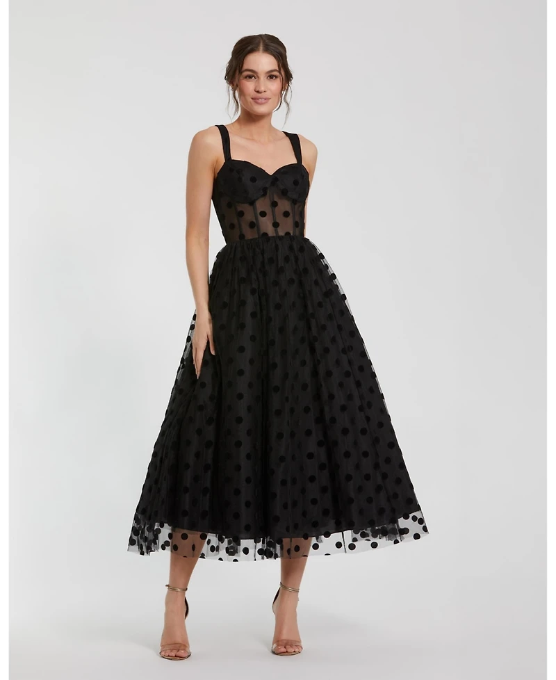 Mac Duggal Women's Polka Dot Net Bustier A-Line Midi Dress