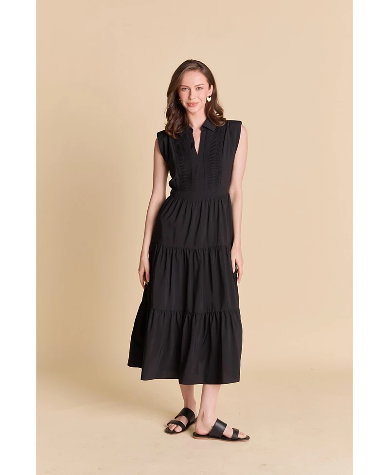 endless rose Women's Pintuck Details Sleeveless Midi Dress