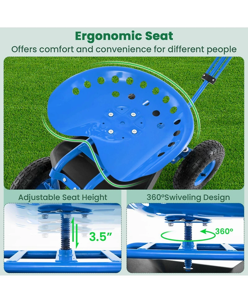 Heavy Duty Garden Cart with Tool Tray and 360 Swivel Seat