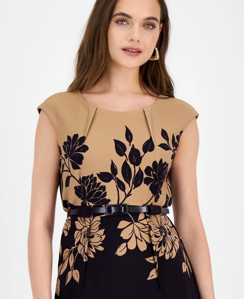 Connected Women's Ottoman Floral Placed Print Belted Dress