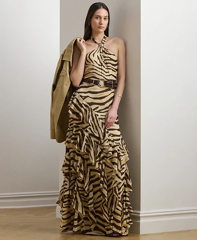 Lauren Ralph Women's Zebra-Print Ruffle-Trim Georgette Gown