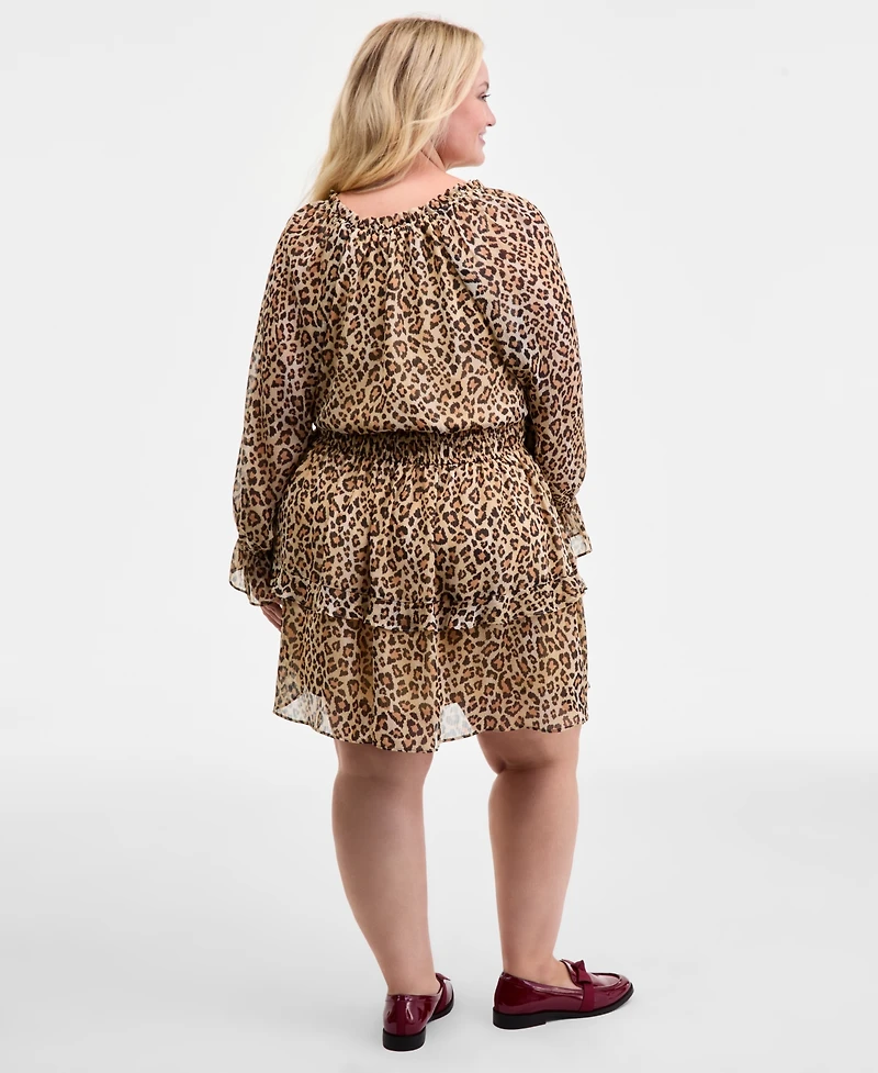 On 34th Trendy Plus Leopard-Print Smocked-Waist Long-Sleeve Dress, Macy's Exclusive