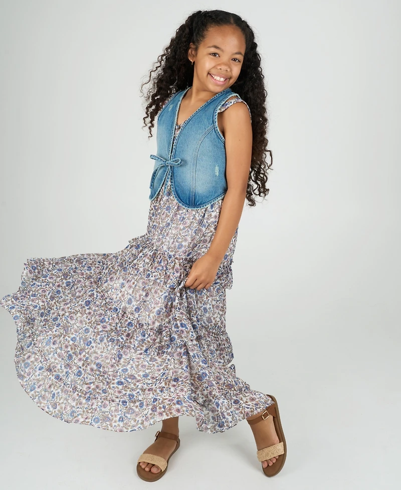 Rare Editions Big Girls 2-Piece Floral Maxi With Denim Vest and Dress Set
