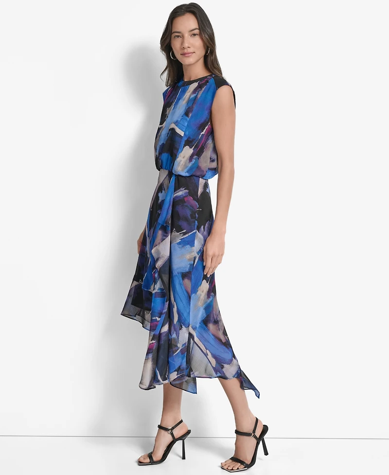 Dkny Women's Printed Blouson Asymmetric-Hem Dress