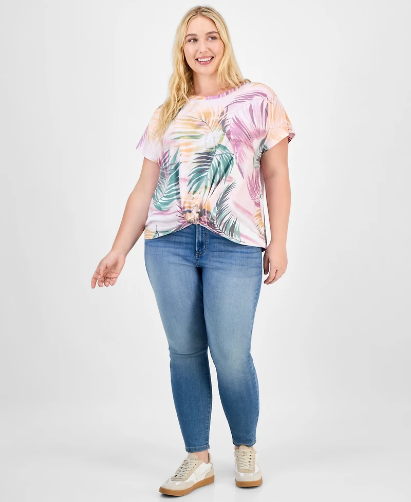 Democracy Trendy Plus Printed Twist-Front Short-Sleeve Top