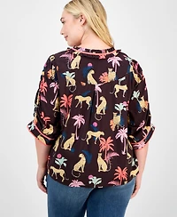 Democracy Trendy Plus Printed Elbow-Sleeve Split-Neck Top