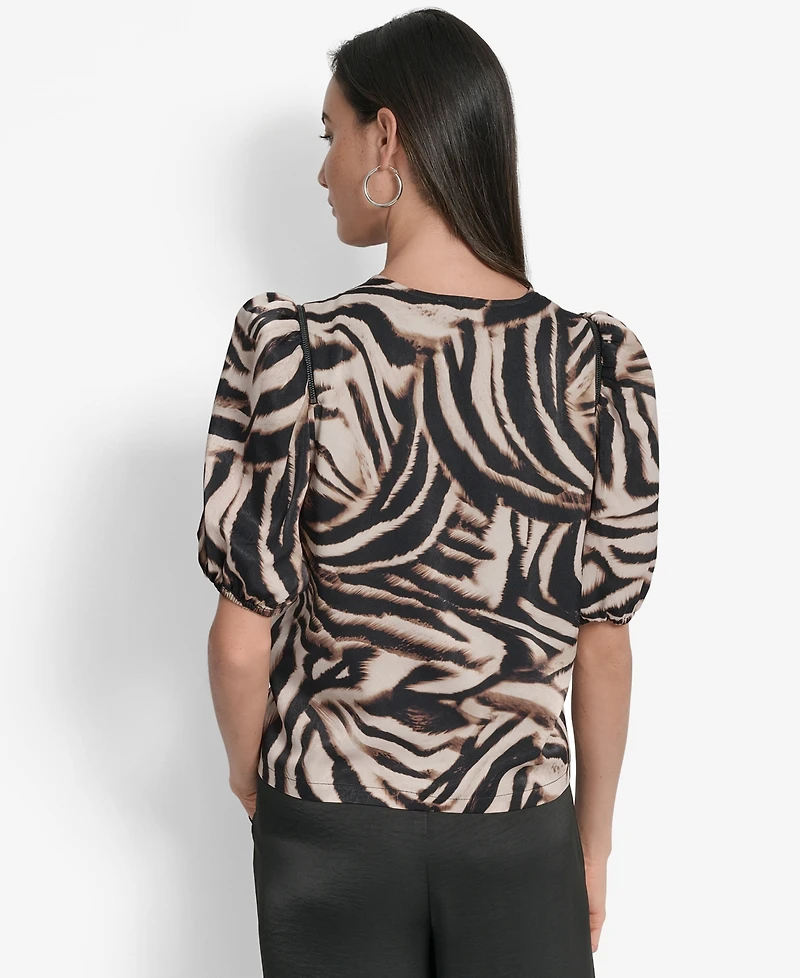 Dkny Women's Printed Satin Puff-Sleeve Zipper Top
