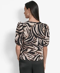Dkny Women's Printed Satin Puff-Sleeve Zipper Top