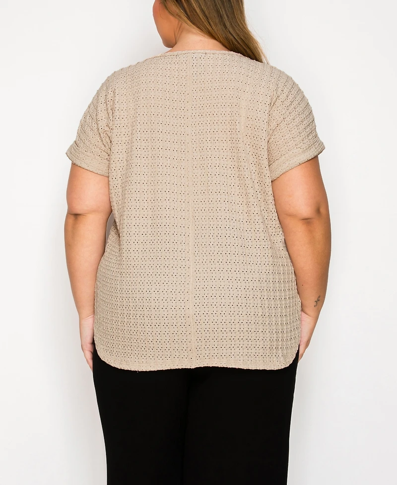 Coin 1804 Plus Size Eyelet Jersey V Neck Rolled Sleeve Top