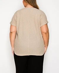 Coin 1804 Plus Size Eyelet Jersey V Neck Rolled Sleeve Top