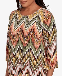 Alfred Dunner Women's Copper Canyon Ikat Chevron Top with Necklace