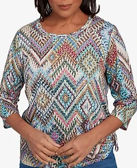 Alfred Dunner Women's El Paso Ikat Diamond Detailed Neckline Top