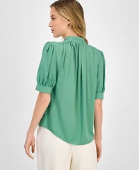 T Tahari Women's Split-Neck Covered-Placket Woven Top