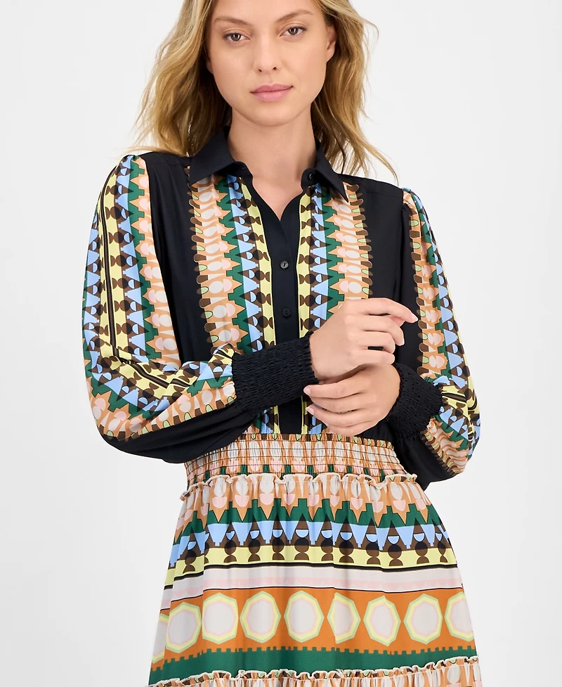 T Tahari Women's Printed Half-Placket Smocked-Waist Midi Dress