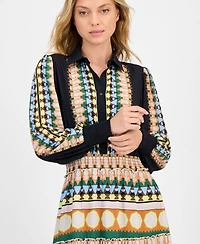 T Tahari Women's Printed Half-Placket Smocked-Waist Midi Dress