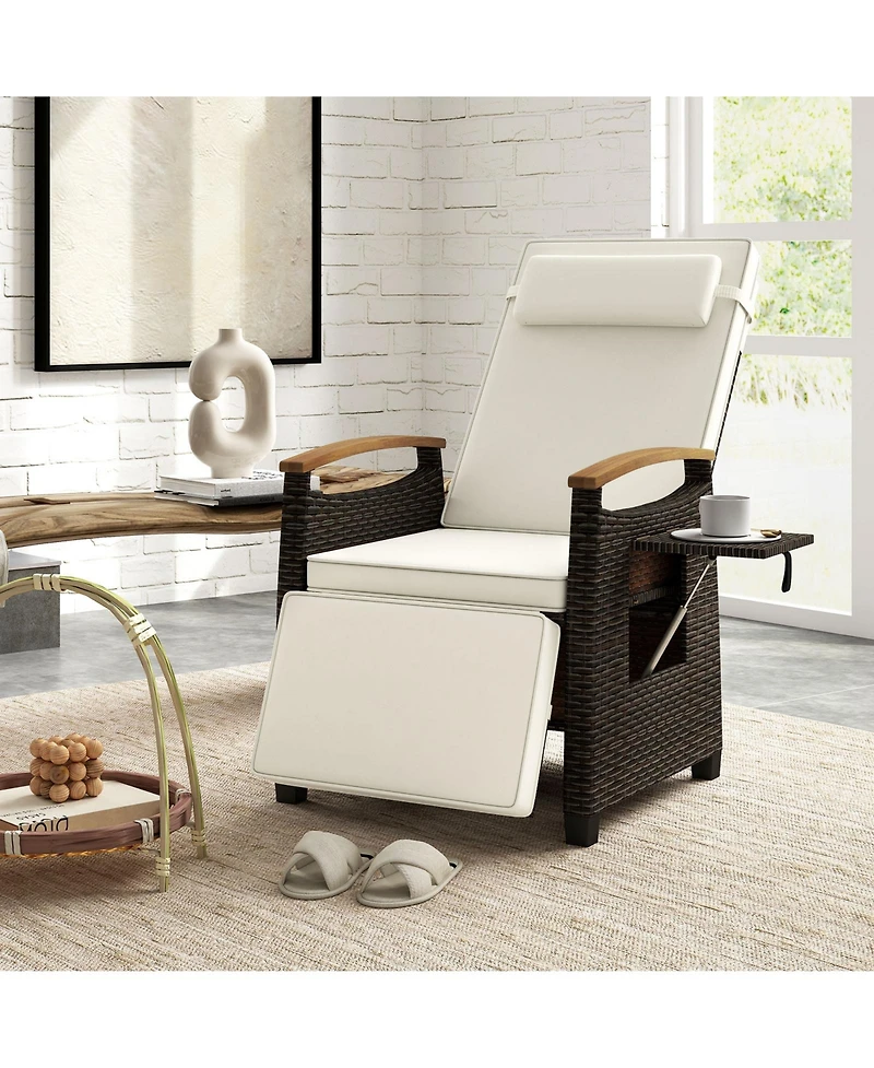 Gymax Patio Rattan Lounge Chair Pe Wicker Recliner w/ Adjustable Backrest & Footrest