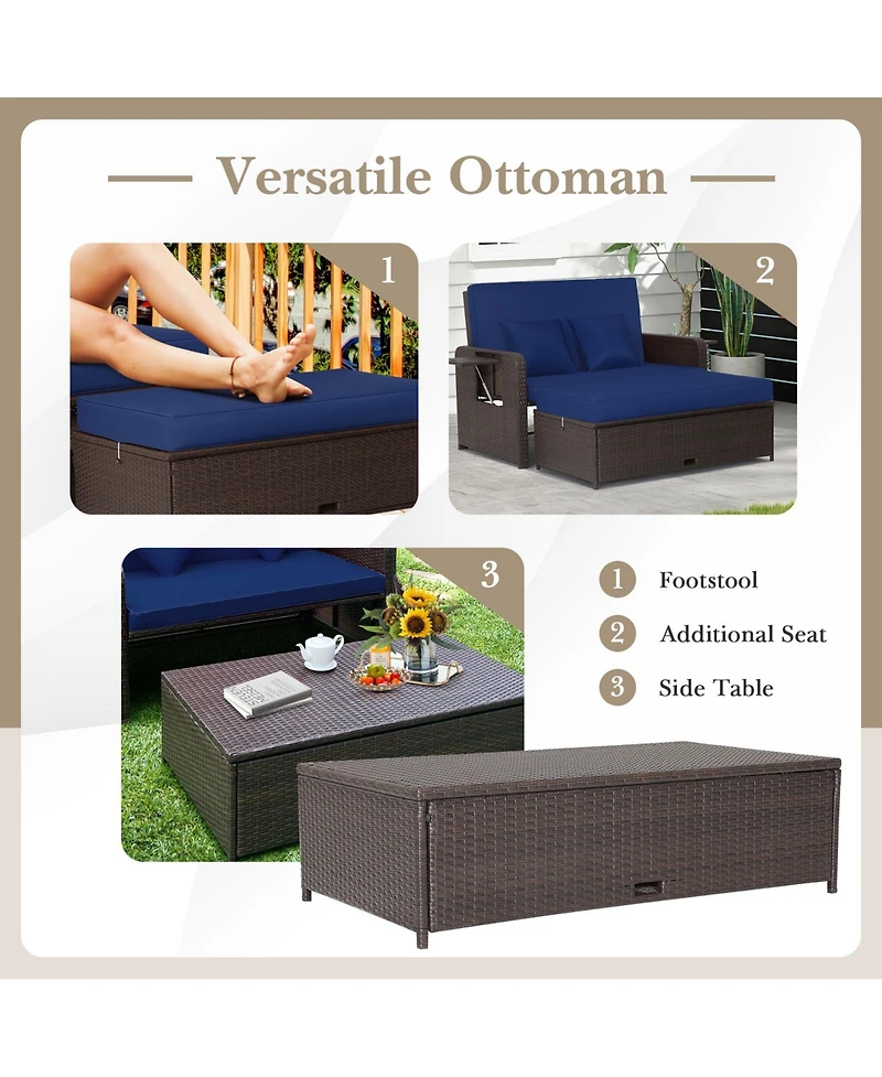Gymax Rattan Loveseat Set Daybed Lounge w/ Storage Ottoman Side Tables Adjust Patio
