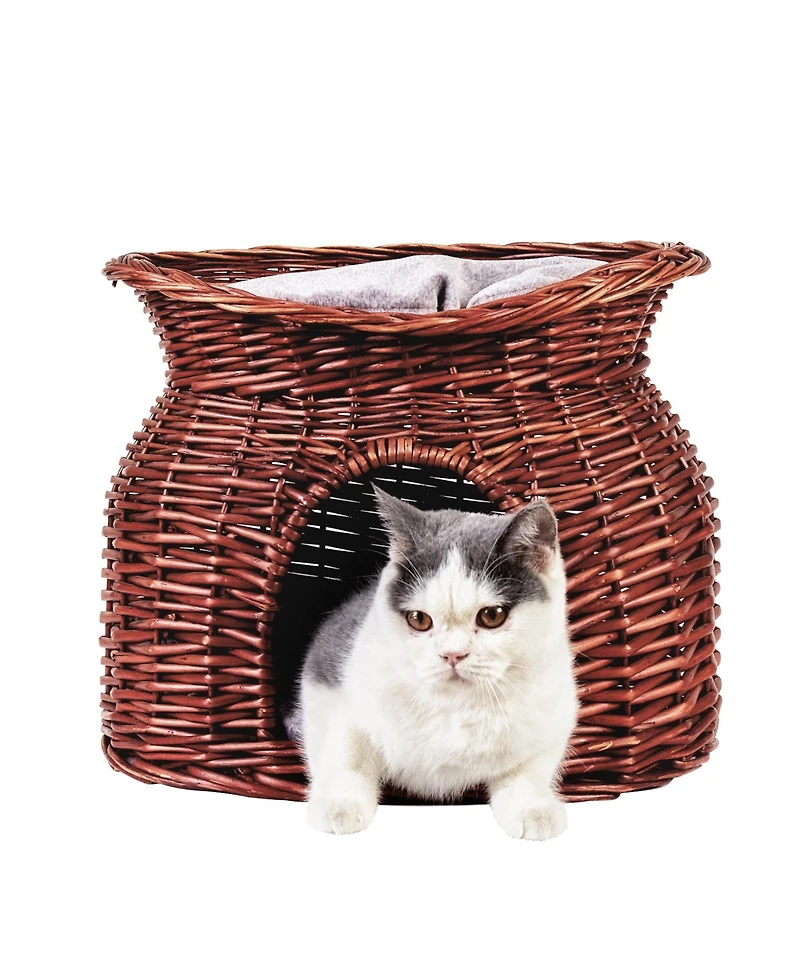 Bingopaw 2-Tier Elevated Cat Bed Wicker Ratten Cat Basket Cave W/ Soft Cushion