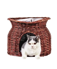 Bingopaw 2-Tier Elevated Cat Bed Wicker Ratten Cat Basket Cave W/ Soft Cushion