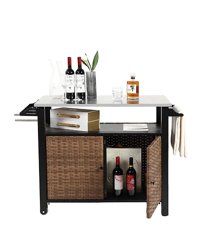 Mondawe Wicker Rolling Kitchen Cart with Stainless Top