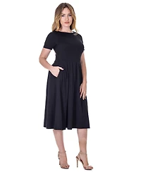 24seven Comfort Apparel Petite Midi Dress with Short Sleeves and Pocket Detail