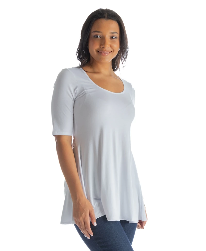 24seven Comfort Apparel Petite Elbow Sleeve Swing Crew Neck Tunic Top
