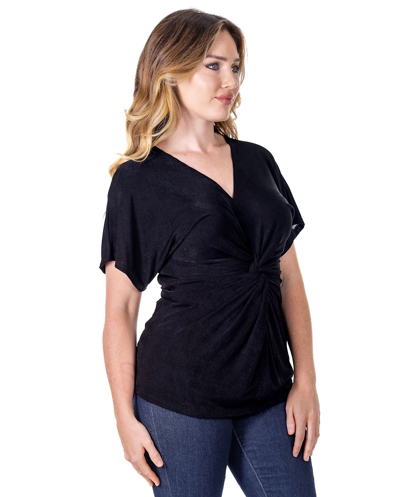 24seven Comfort Apparel Petite V-Neck Knot Front Kimono Sleeve Top