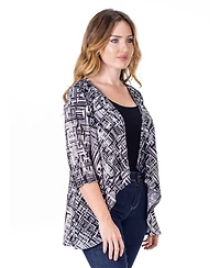 24seven Comfort Apparel Petite Black Print Elbow Length Sleeve Open Cardigan Jacket