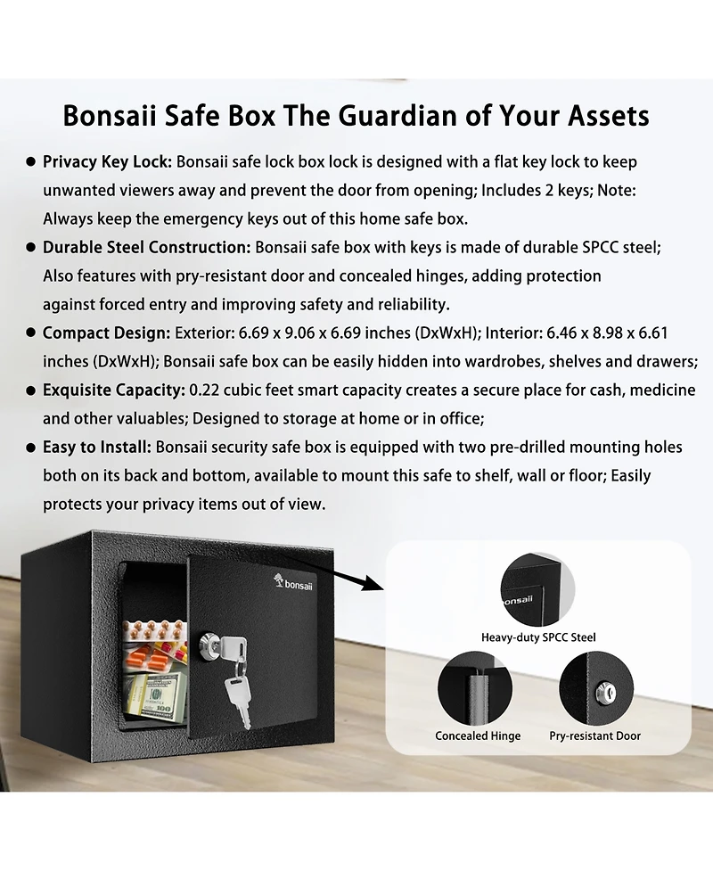 Bonsaii Safe Box with Key Lock, Steel Security Lock Box, 0.23 Cubic Feet, 9.06" W x 6.69" D x 6.69" H, Small Hidden Safe for Cash Jewel