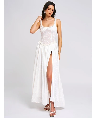 Miss Circle Women's Ulissa White Square Neck Jacquard Textured High Slit Maxi Dress