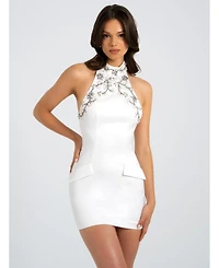 Miss Circle Women's Ori White Halter Neck Crystal Pearl Mini Dress