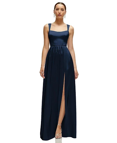After Six Women's Shaped Strap Portrait Neckline Fluid Satin Maxi Dress with Full Skirt