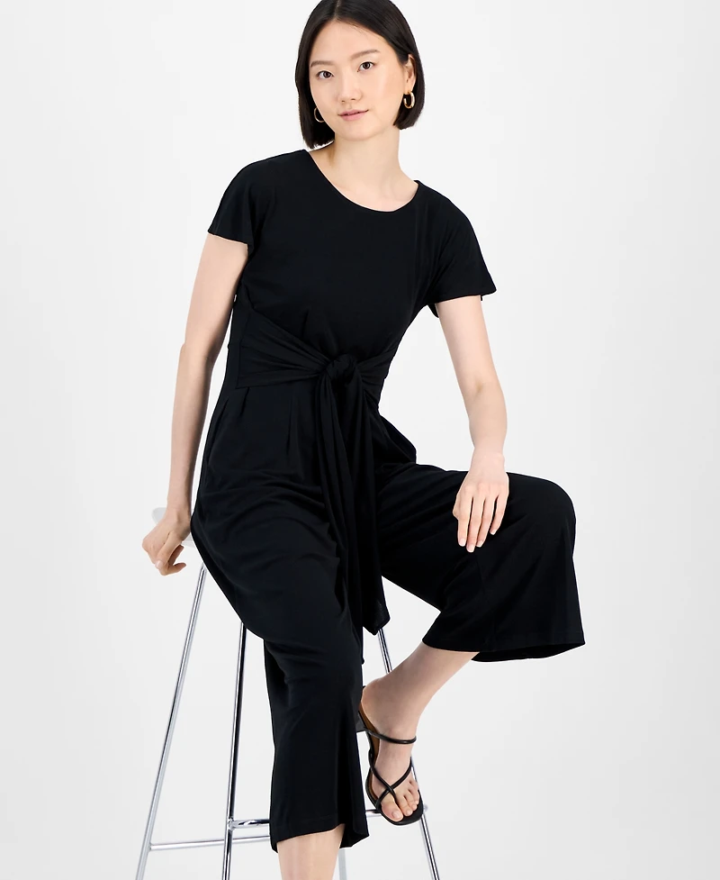 Robbie Bee Women's Round-Neck Tie-Waist Jumpsuit