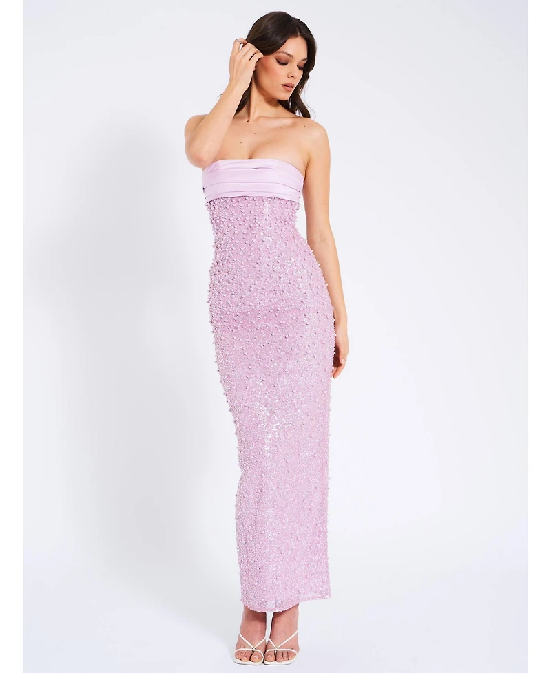 Miss Circle Women's Lainey Purple Satin Sequin Pearls Beaded Maxi Dress