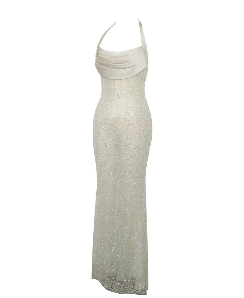 Miss Circle Women's Zahya Lime Halter Backless Beaded Mesh Gown