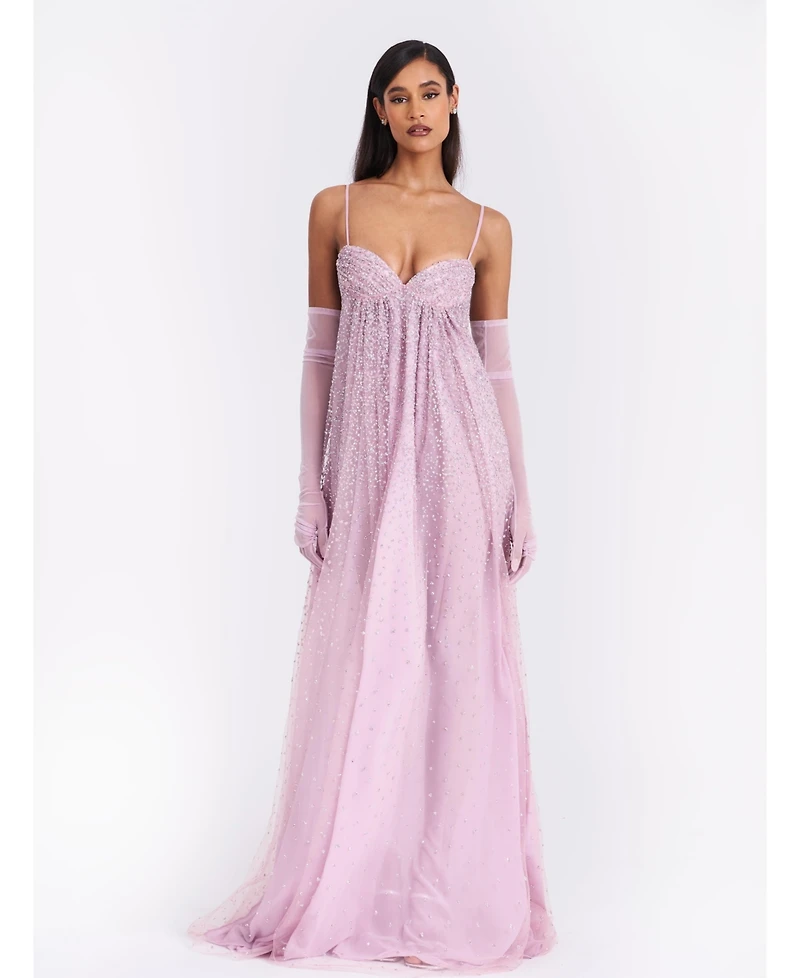 Miss Circle Women's Wallie Pink Rhinestone Embellished Mesh Backless Gown