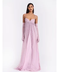 Miss Circle Women's Wallie Pink Rhinestone Embellished Mesh Backless Gown