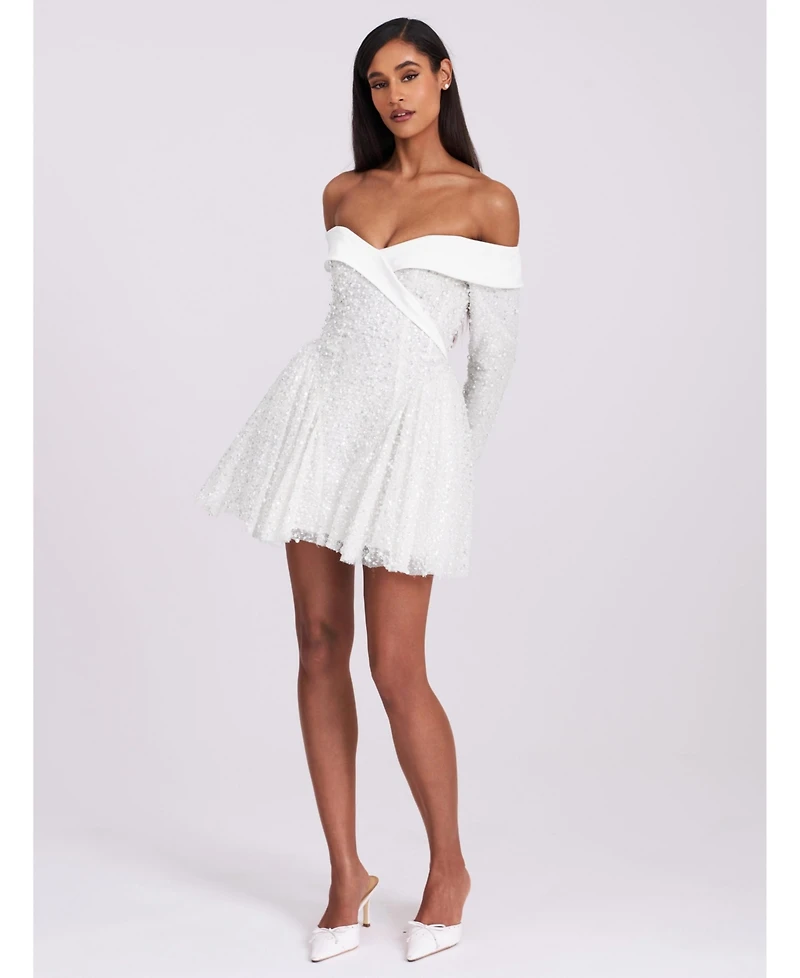 Miss Circle Women's Kira Bead Embroidered Mesh Off Shoulder Long Sleeve Mini Dress