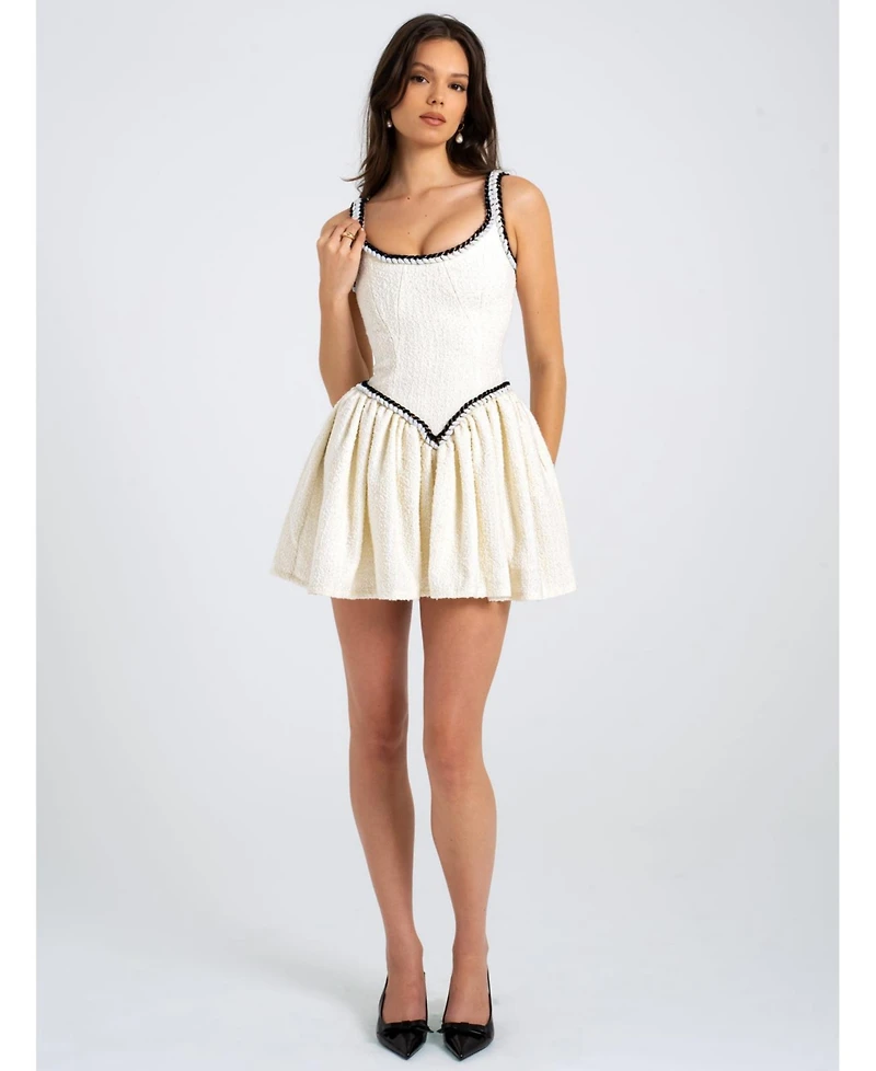 Miss Circle Women's Coco White Boucle Tweed V Waist Mini Dress