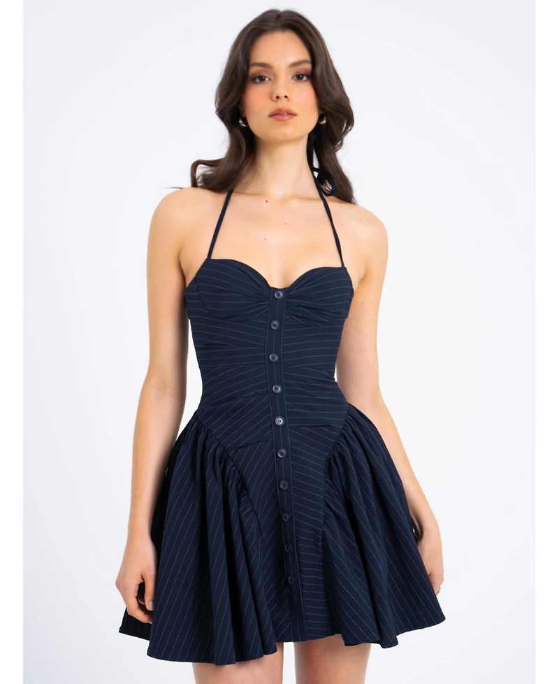 Miss Circle Women's Melody Navy Blue Pinstripe Halter Drop Waist Mini Dress