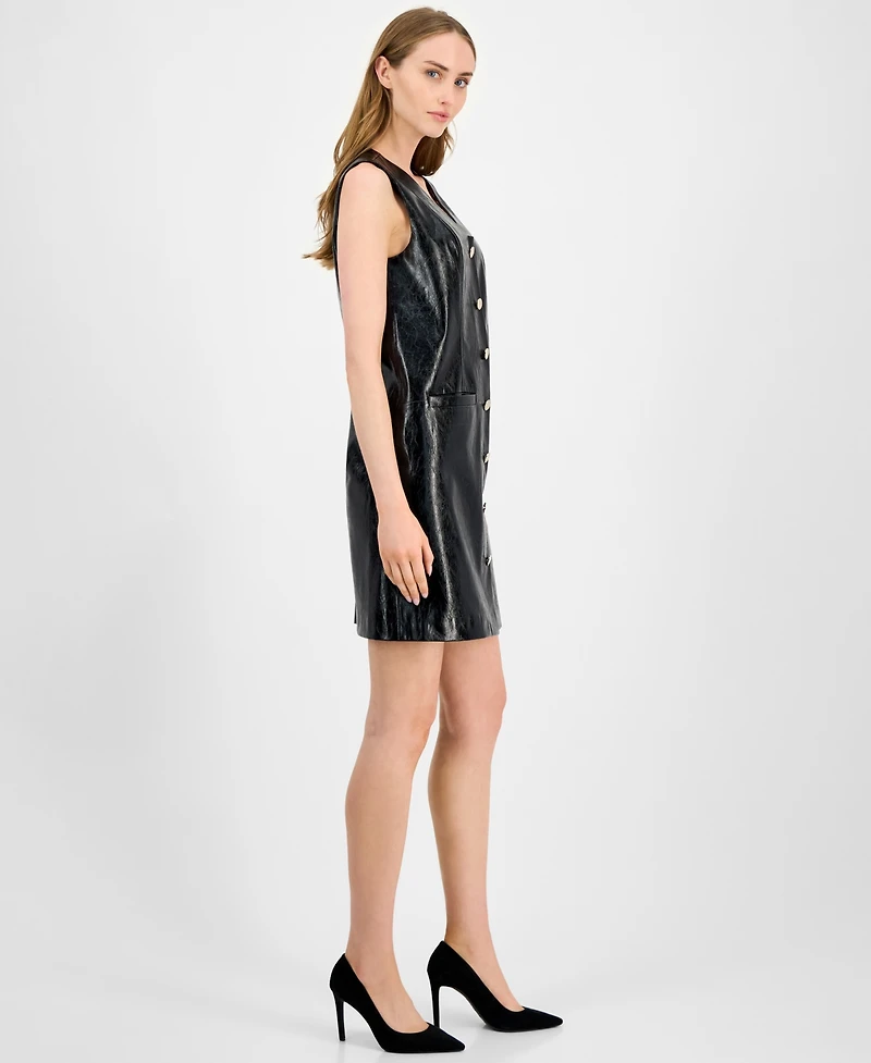 Anne Klein Women's Faux-Leather Vinyl Sleeveless Button-Down Dress