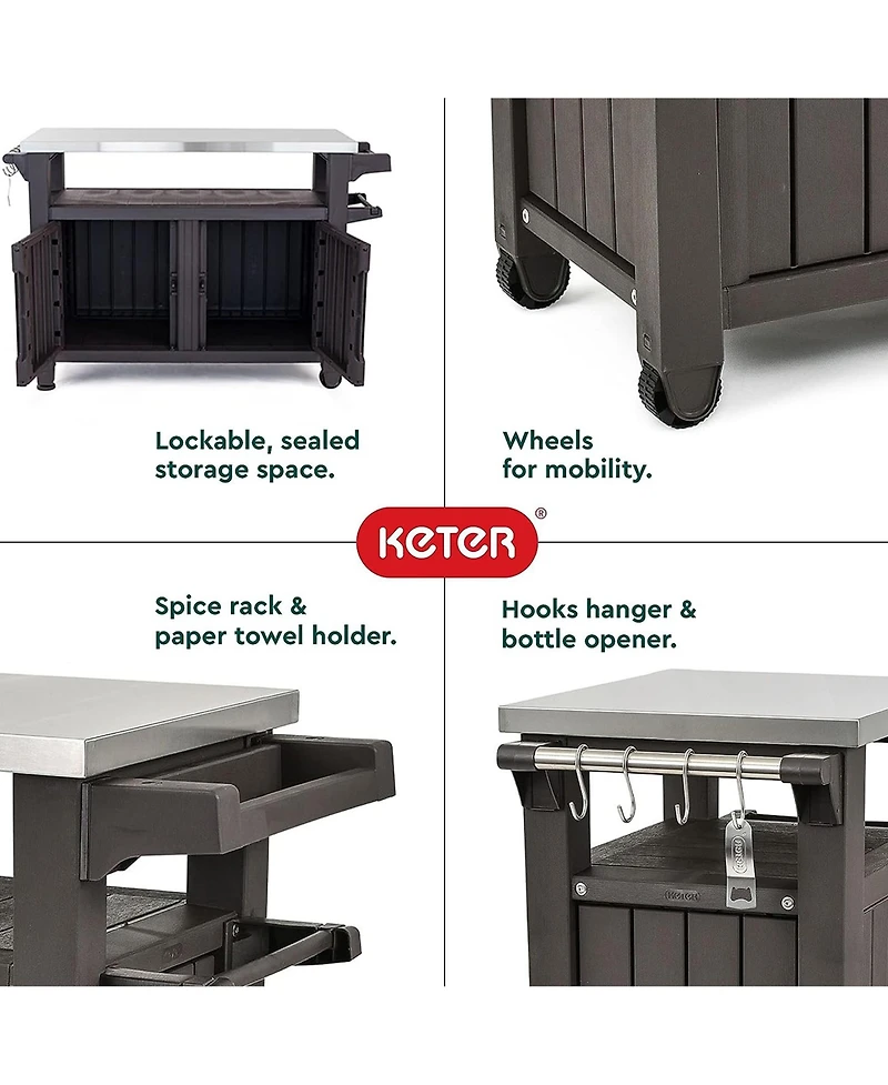 Keter Unity Xl Outdoor Kitchen Rolling Bar Cart with Storage Cabinet, Brown