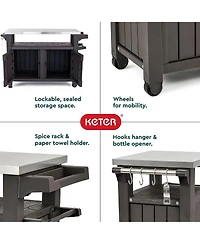 Keter Unity Xl Outdoor Kitchen Rolling Bar Cart with Storage Cabinet, Brown