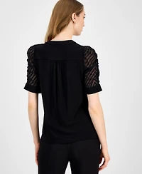 Anne Klein Women's Mixed-Media Puffed-Sleeve Blouse
