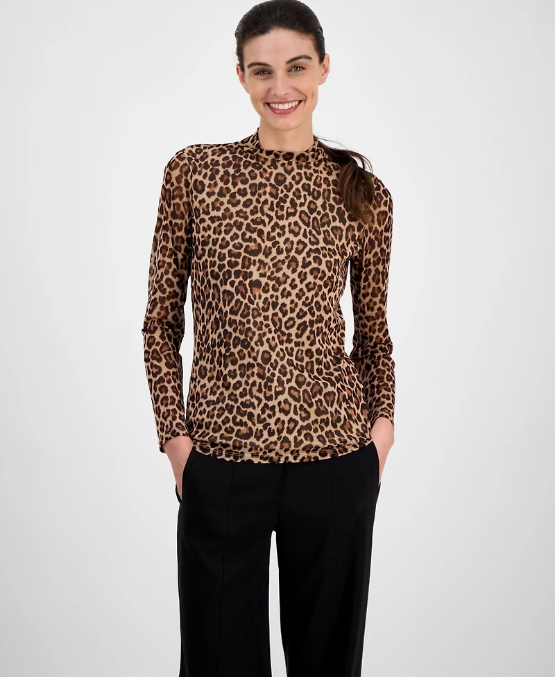 Anne Klein Women's Printed Mesh Mock Neck Long-Sleeve Top
