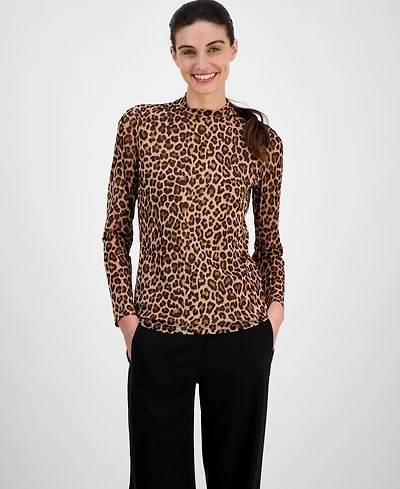 Anne Klein Women's Printed Mesh Mock Neck Long-Sleeve Top