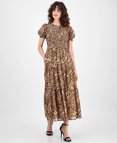 Anne Klein Women's Printed Smocked Animal Print Chiffon Tiered Maxi Dress